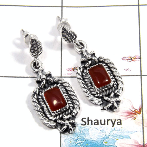 Carnelian Cab - B SDE543 - Solid 925 Sterling Silver Natural Carnelian Cab Gemstone Dangle Earrings