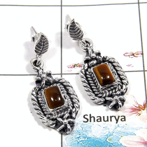 Tiger Eye - C SDE543 - Indian Factory Made Tiger Eye Gemstone Solid 925 Silver Designer Earrings