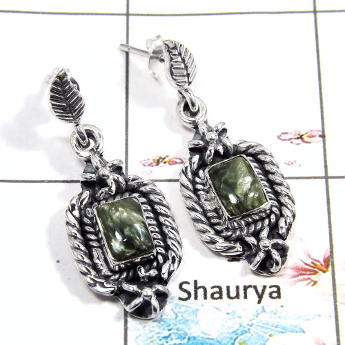 Seraphinite Cab - D SDE543 - Newly Arrival Green Seraphinite Stone 925 Sterling Silver Earrings