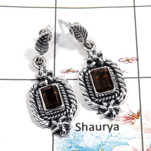 Smokey Cut - L SDE543 - Natural Smokey Cut Gemstone 925 Sterling Silver Designer Earrings