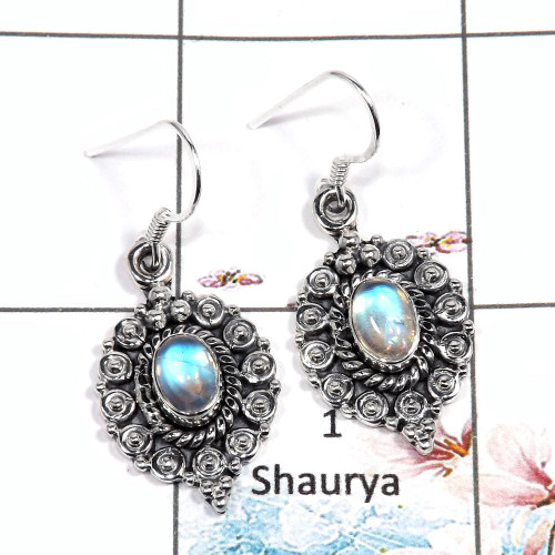 Rainbow Moonstone Cab - I SDE544 - Solid 92.5% Silver Blue Fire Rainbow Moonstone Designer Earrings