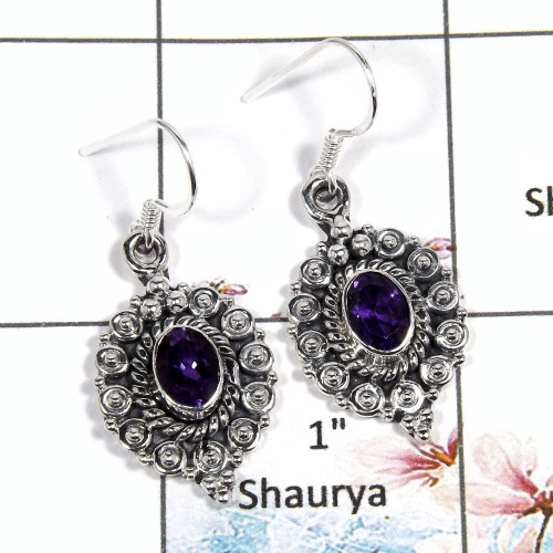Amethyst Cut - K SDE544 - Natural Amethyst Cut Gemstone 925 Sterling Silver Dangle Earrings