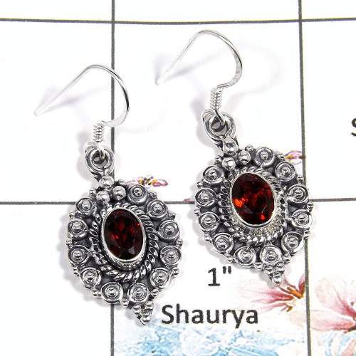 Garnet Cut - L SDE544 - Natural Garnet Oval Cut Gemstone 925 Sterling Silver Designer Earrings