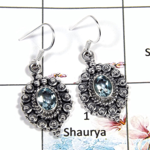 Blue Topaz - N SDE544 - Natural Blue Topaz Cut Gemstone 925 Sterling Silver Handmade Earrings