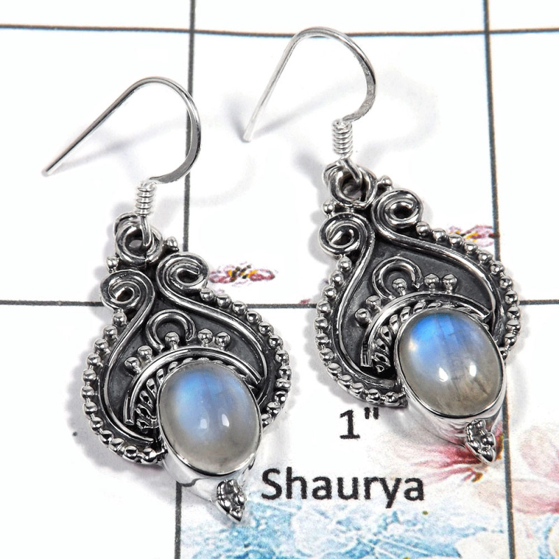 Rainbow Moonstone Cab - O SDE545 - Blue Fire Rainbow Moonstone Solid 925 Silver Designer Earrings Rainbow Moonstone Cab - O SDE545 - Blue Fire Rainbow Moonstone Solid 925 Silver Designer Earrings