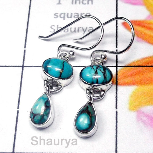 Blue copper Turquoise A - SDE955-Semiprecious Gemstone Elegant Earring