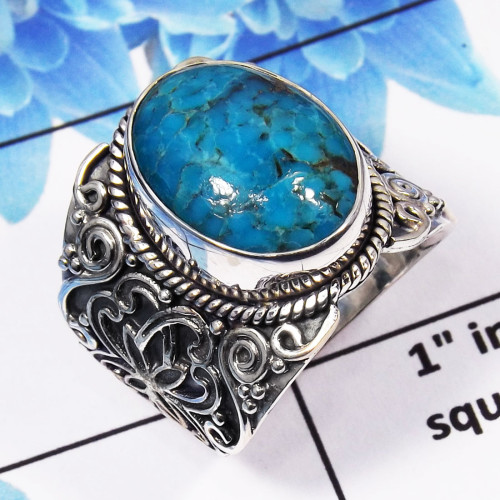 Blue Turquoise Ring-D SDR445-Natural Blue Turquoise 925 Sterling Silver Beautiful Design Handmade Ring