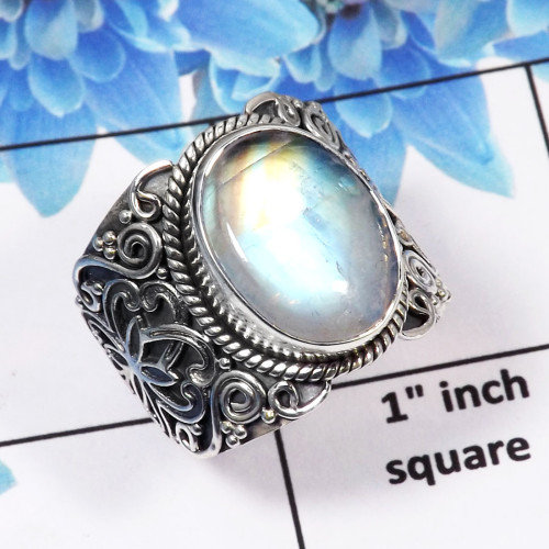 Rainbow Moonstone Cab Ring-E SDR445-Natural Fiery Rainbow Moonstone 925 Sterling Silver Handmade Designer Mood Ring
