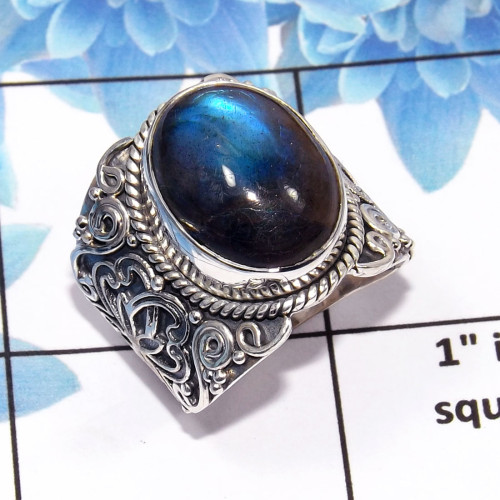Labradorite Cab Ring-F SDR445-Deep Blue Fire Labradorite Cab 925 Sterling Silver Handmade Designer Ring