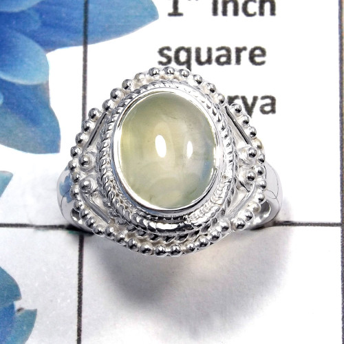 Prehnite Cab B - SDR449 - 925 Sterling Silver Natural Prehnite 10x12mm Oval Cab Gemstone Designer Ring