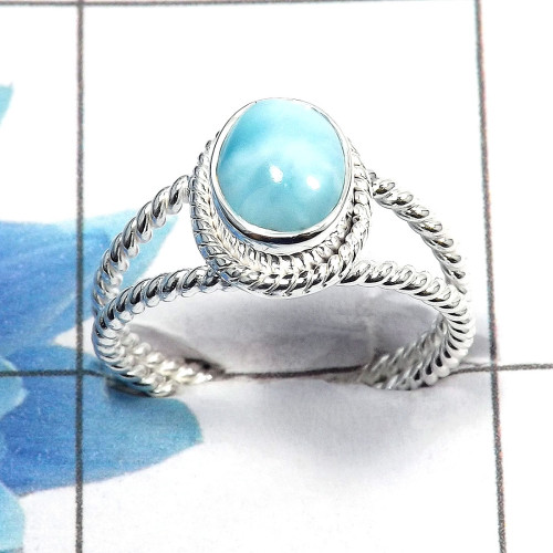 Larimar Cab C - SDR460 - Natural Blue Larimar 7x9mm Oval Cab Gemstone 925 Sterling Silver Designer Ring