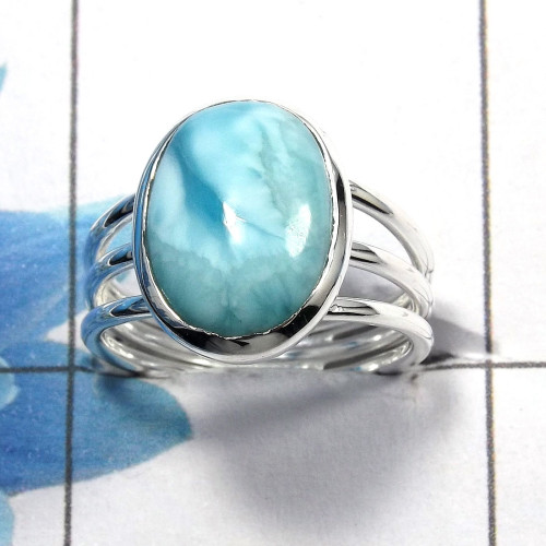 Larimar Cab F - SDR462 - Gorgeous Natural Blue Larimar Gemstone Solid 925 Sterling Silver Designer Ring