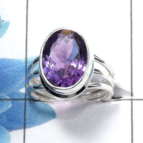 Amethyst Cut H - SDR462 - Solid 92.5% Sterling Silver Natural Purple Amethyst Cut Gemstone Designer Ring