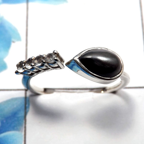 Hematite Cab & White Topaz Cut A - SDR480 - Natural Hematite & White Topaz Gemstone 925 Sterling Silver Light Weight Casting Rin
