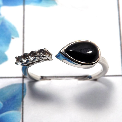 Black Onyx Cab & White Topaz Cut C - SDR480 - Indian Company Made Solid 925 Sterling Silver Light Weight Casting Ring