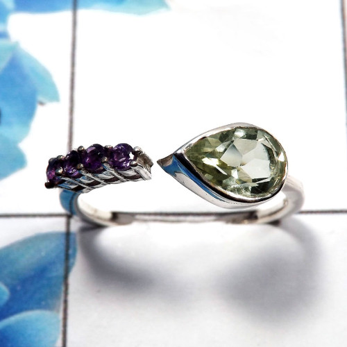 Green Amethyst & Amethyst Cut O - SDR480 - Natural Green Amethyst Cut Gemstone 925 Sterling Silver Casting Ring