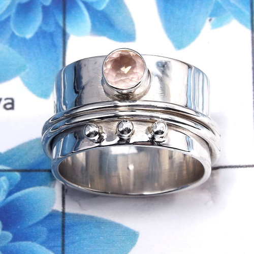 Rose Quartz Cut C - SDR481 - Solid 925 Sterling Silver Natural Rose Quartz Cut Gemstone Designer Band Ring