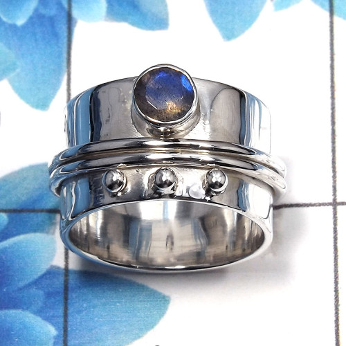 Labradorite Cut D - SDR481 - Gorgeous Natural Blue Fire Labradorite Cut Gemstone 925 Silver Designer Band Ring