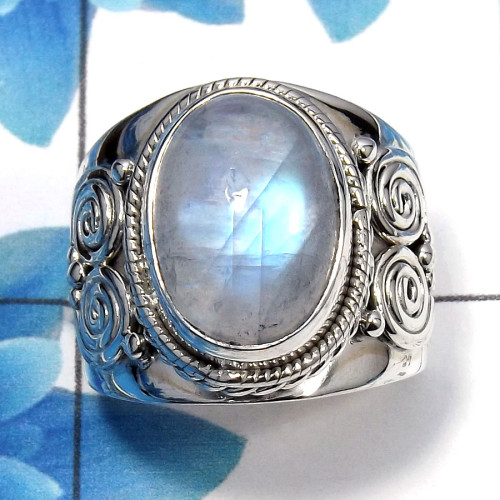 Rainbow Moonstone Cab C - SDR484 - Natural Blue Fire Rainbow Moonstone Gemstone 925 Sterling Silver Designer Ring