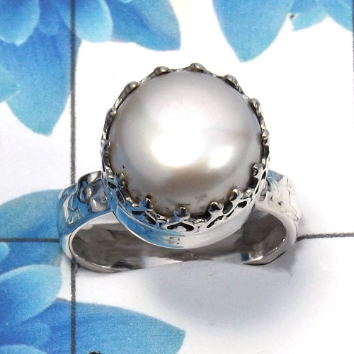 Pearl Cab B - SDR487 - Gorgeous Natural Pearl 12mm Round Cab Gemstone 925 Sterling Silver Designer Ring
