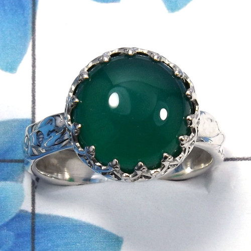 Green Onyx Cab C - SDR487 - Solid 92.5% Sterling Silver Natural Green Onyx Gemstone Designer Ring
