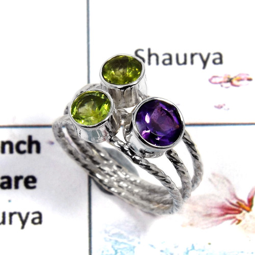 Amethyst & Peridot Cut - H - SDR503 - Natural Purple Amethyst & Peridot Gemstone Solid 92.5% Sterling Silver Designer Ring Amethyst & Peridot Cut - H - SDR503 - Natural Purple Amethyst & Peridot Gemstone Solid 92.5% Sterling Silver Designer Ring