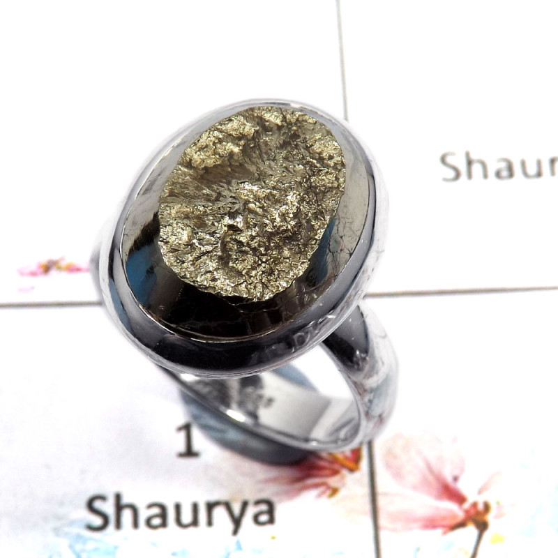 Pyrite Druzy Cab - B - SDR504 - Solid 92.5% Sterling Silver Natural Pyrite Druzy Gemstone Designer Ring