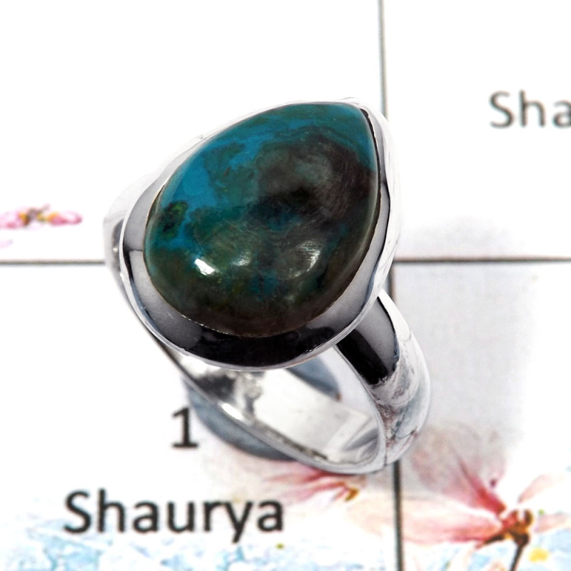 Chrysocolla Cab - B - SDR505 - Solid 925 Sterling Silver Natural Chrysocolla Cab Gemstone Plain Setting Ring