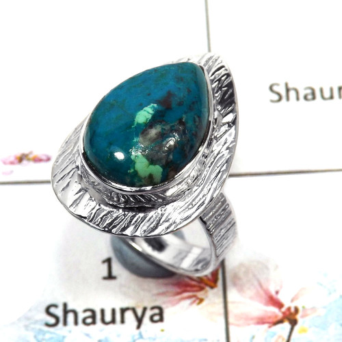 Chrysocolla Cab - F - SDR505 - Solid 92.5% Sterling Silver Natural Blue Chrysocolla Pear Cab Gemstone Designer Ring