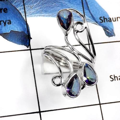 Mystic Quartz-B SDR507-Natural Faceted Cut Gemstone Wedding Ring 925 Sterling Silver