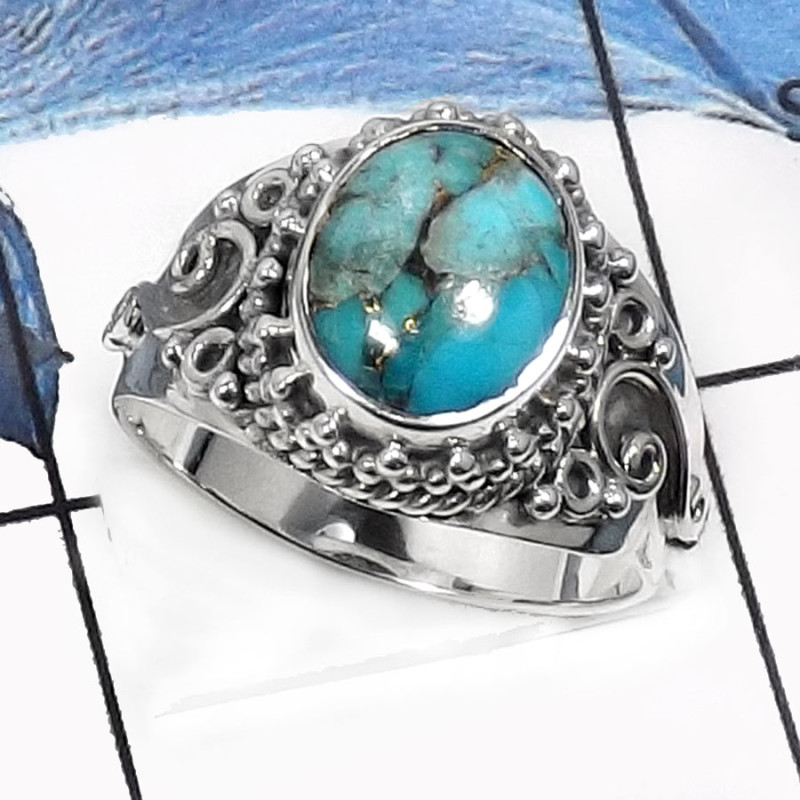 Blue Copper Turquoise-D SDR508-Gorgeous Gemstone Designer Women's Ring 925 Sterling Silver