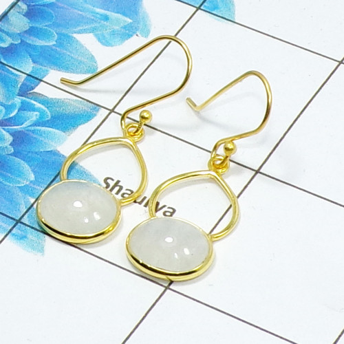 Rainbow Moonstone Cab E - SGE954-Genuine Cut n Cab Gemstone 925 Sterling Silver With Gold Plating Earring