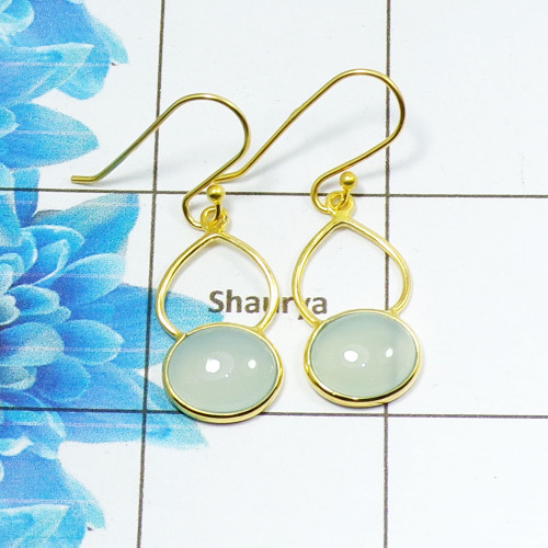 Aqua Chalcedony Cab F - SGE954-Genuine Cut n Cab Gemstone 925 Sterling Silver With Gold Plating Earring