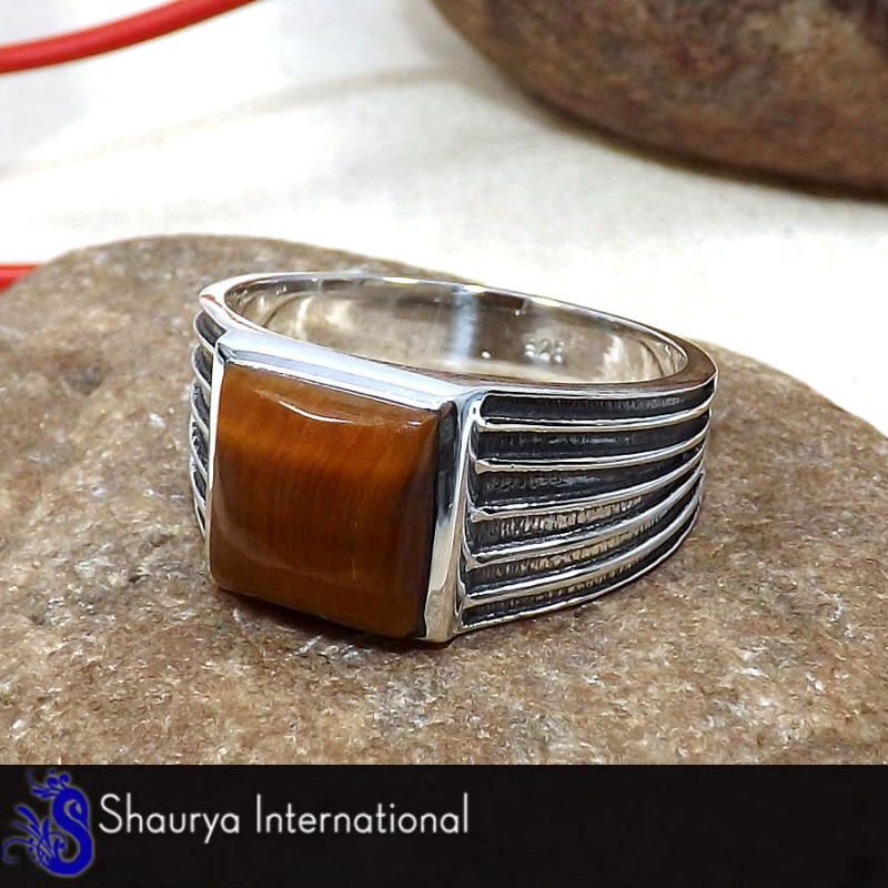 Tiger Eye Cab - C - SMR997 - Solid 92.5% Sterling Silver Natural Brown Tiger Eye Gemstone Casting Mens Ring