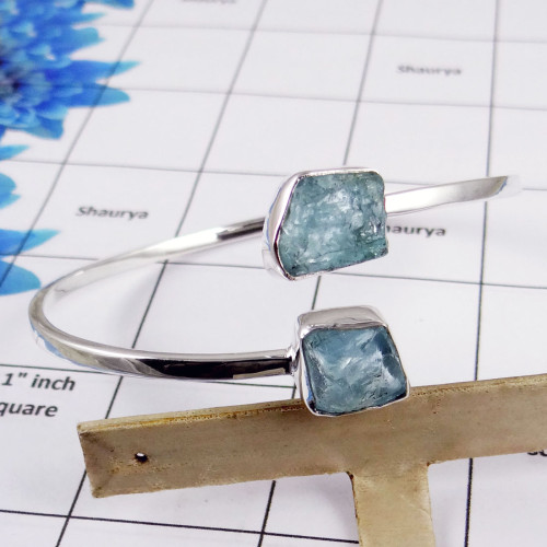 Raw Aquamarine Bangle - SNB977-Solid 925 Sterling Silver with Raw Aquamarine Handmade Trendy Adjustable Bangle Raw Aquamarine Bangle - SNB977-Solid 925 Sterling Silver with Raw Aquamarine Handmade Trendy Adjustable Bangle