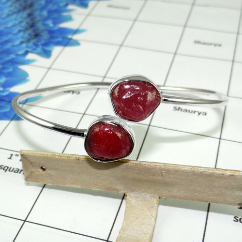 Raw Ruby Bangle - SNB979-Natural Ruby Rough Gemstone 925 Sterling Silver Handmade Adjustable Bangle