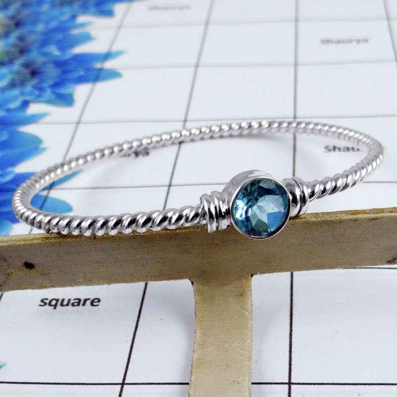 Blue Topaz Bangle - SNB984-Solid 925 Sterling Silver Faceted Blue Topaz Handmade Bangle For Her Blue Topaz Bangle - SNB984-Solid 925 Sterling Silver Faceted Blue Topaz Handmade Bangle For Her