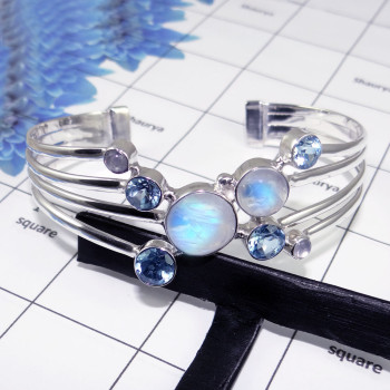 B.T., Rainbow Cab Bangle - SNB987-Rainbow Moonstone with Blue Topaz 925 Solid Silver Handmade Designer Bangle B.T., Rainbow Cab Bangle - SNB987-Rainbow Moonstone with Blue Topaz 925 Solid Silver Handmade Designer Bangle