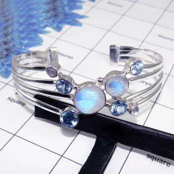 B.T., Rainbow Cab Bangle - SNB987-Rainbow Moonstone with Blue Topaz 925 Solid Silver Handmade Designer Bangle B.T., Rainbow Cab Bangle - SNB987-Rainbow Moonstone with Blue Topaz 925 Solid Silver Handmade Designer Bangle