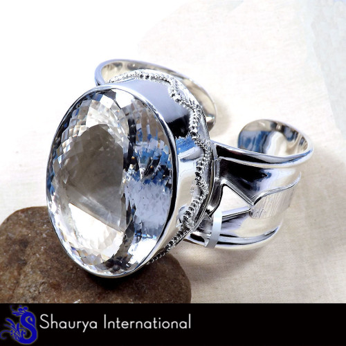 Crystal Cut C - SNB992 - Latest Collection Natural Crystal Oval Cut Gemstone 925 Sterling Silver Adjustable Bangle