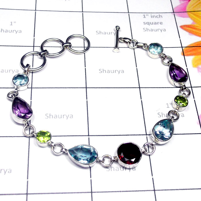 Multi Cut Gmestone [O] - SPB998-Natural Gemstone Plain Silver Bracelet