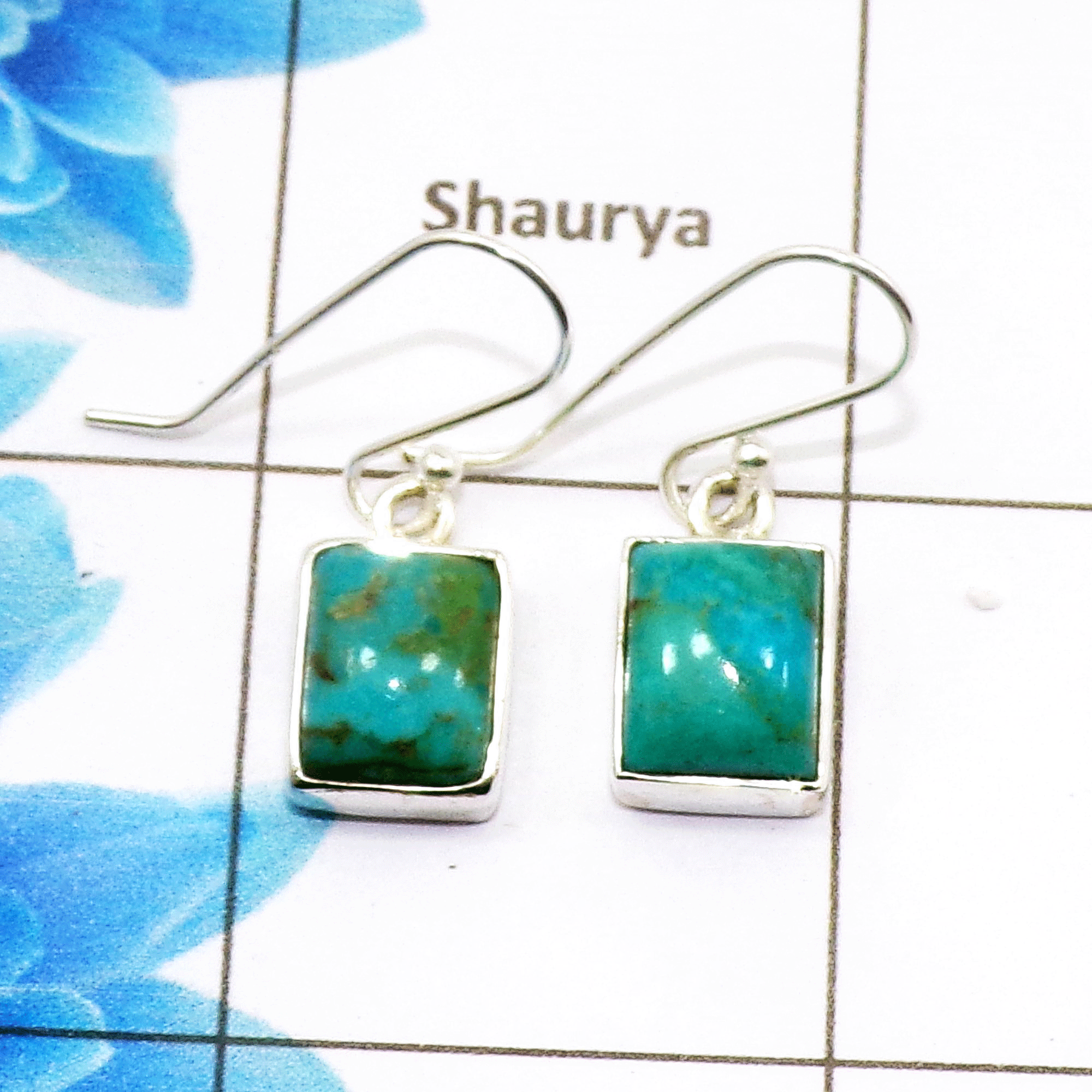 Blue Turquoise Cab Earring A - SPE752-Latest Collection Square Shape Solid 925 Sterling Silver Factory Handmade Earrings