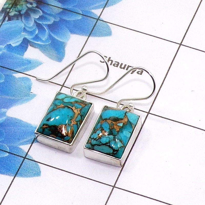 Blue Copper Turquoise Cab Earring C - SPE753-Latest Collection Octagon Solid 925 Sterling Silver Factory Handmade Earrings Blue Copper Turquoise Cab Earring C - SPE753-Latest Collection Octagon Solid 925 Sterling Silver Factory Handmade Earrings