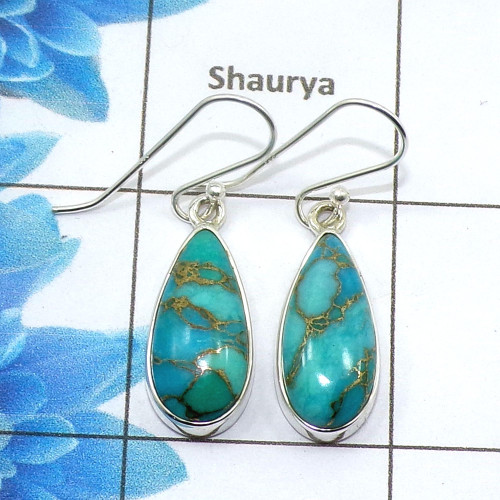 Blue Copper Turquoise Cab Earring D - SPE753-Latest Collection Pear Shape Solid 925 Sterling Silver Factory Handmade Earrings