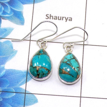 Blue Copper Turquoise Cab Earring G - SPE753-Latest Collection Pear Shape Solid 925 Sterling Silver Factory Handmade Earrings
