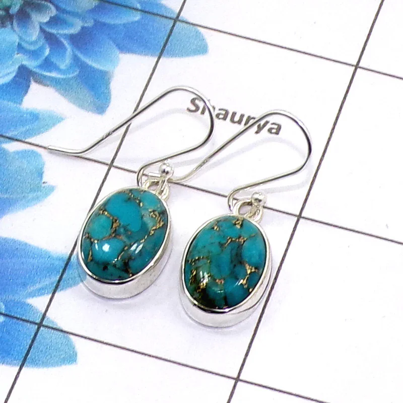 Blue Copper Turquoise Cab Earring J - SPE753-Latest Collection Oval Shape Solid 925 Sterling Silver Factory Handmade Earrings Blue Copper Turquoise Cab Earring J - SPE753-Latest Collection Oval Shape Solid 925 Sterling Silver Factory Handmade Earrings