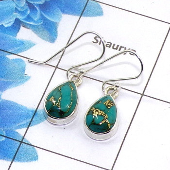 Blue Copper Turquoise Cab Earring K - SPE753-Latest Collection Pearl Shape Solid 925 Sterling Silver Factory Handmade Earrings