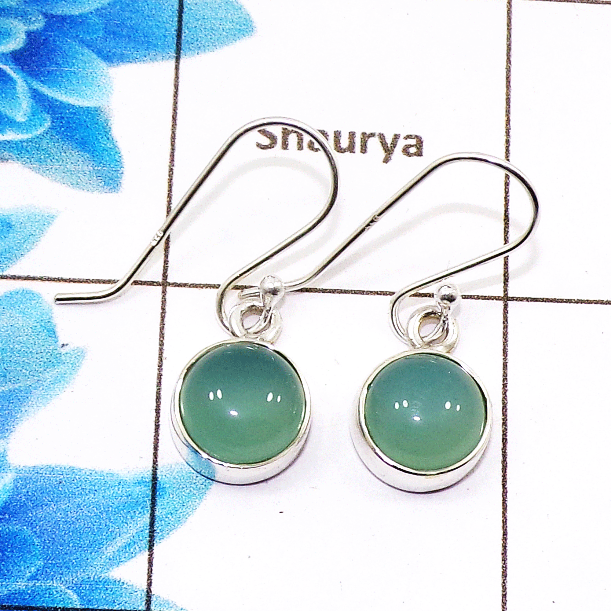 Natural Aqua Chalcedony Cab Earring E - SPE754-Latest Collection Round Shape 925 Sterling Silver Factory Handmade Earrings