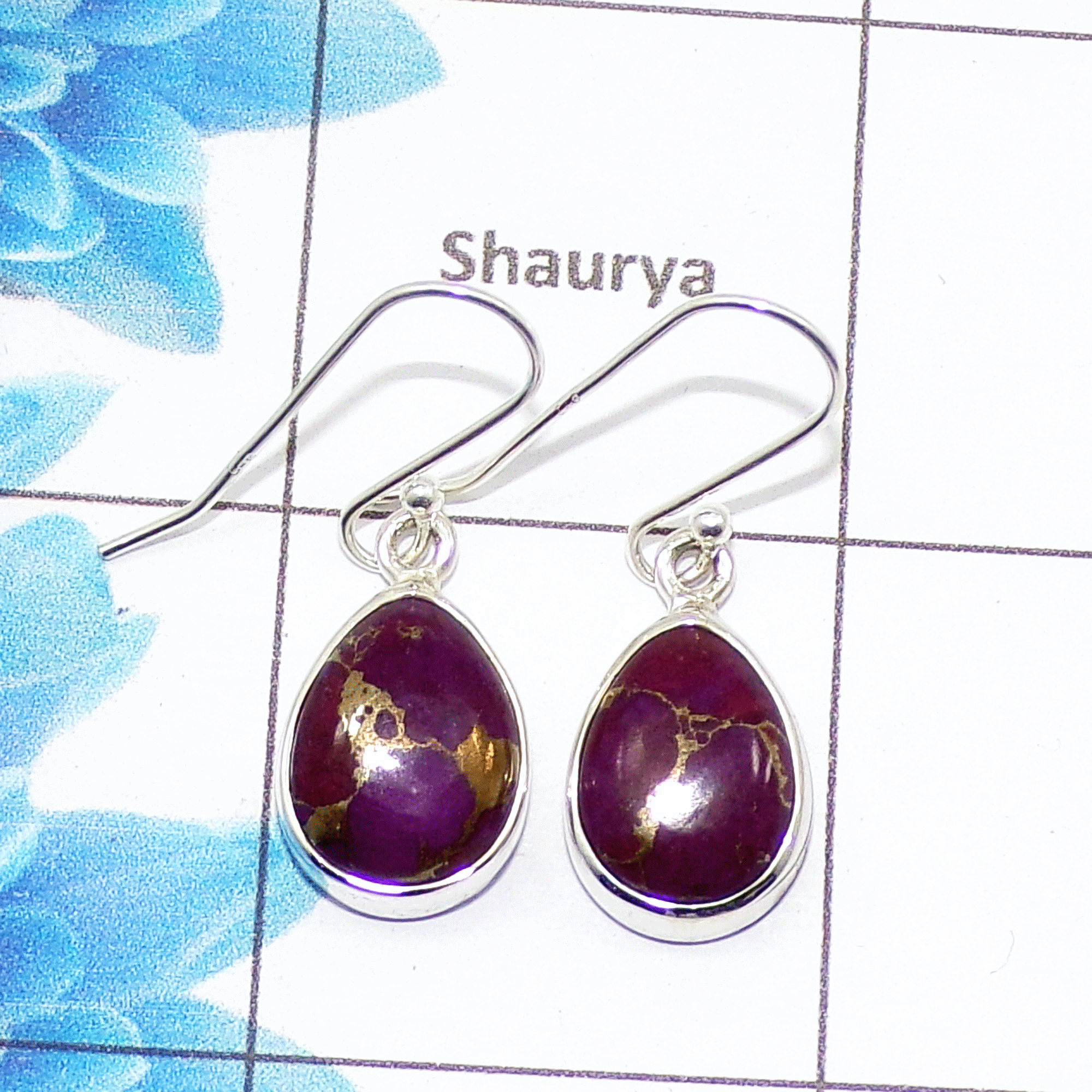 Natural Purple Copper Turquoise Cab Earring D - SPE755-Newly Collection Pear Shape 925 Sterling Silver Factory Handmade Earrings