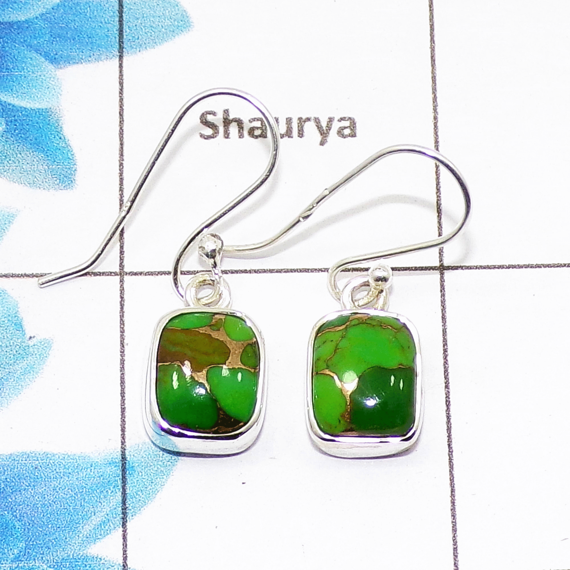Natural Green Copper Turquoise Cab Earring B - SPE756-Newly Collection Octagon Shape 925 Sterling Silver Factory Handmade Earrin